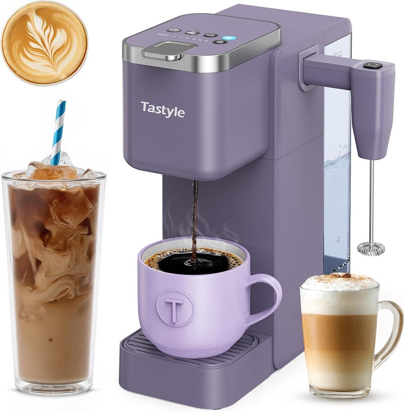 Tastyle Single Serve Coffee Maker with Built-in Detachable Milk Frother, Iced and Hot Coffee Machine for K Cup & Grounds, 40oz Removable Water Reservoir, 6 Cup Sizes, Fits 7.3" Travel Mug, Purple - Image 1